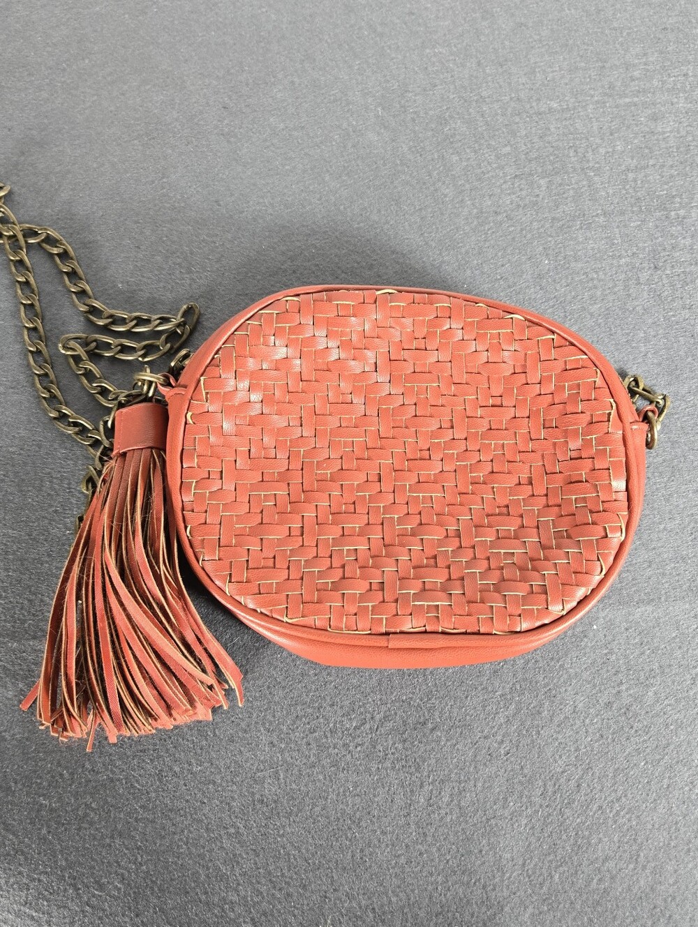 Anthropologie Brick Red Woven Tassel Crossbody Bag